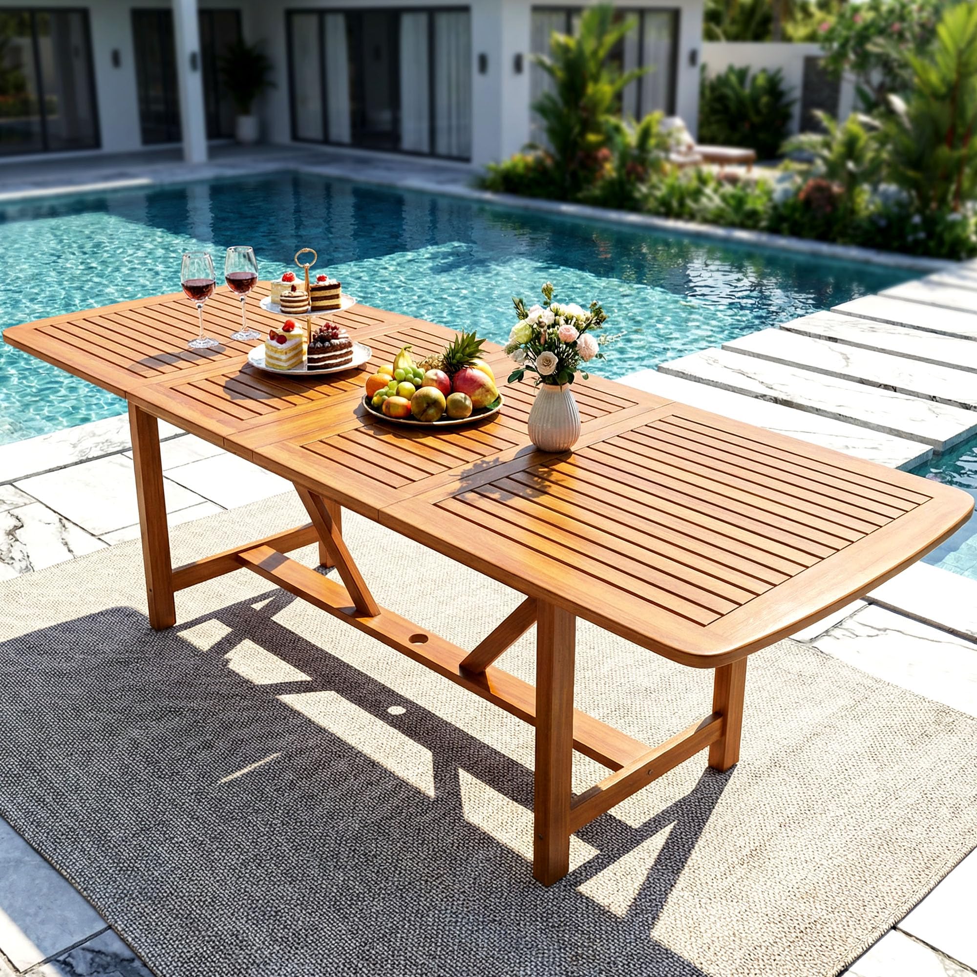 Acacia Extendable Dining Table 63”-95" L for 6-8 Seats, Outdoor Rectangular Table with 2" Umbrella Hole for Garden, Balcony, Poolside & Patio, UV Resistant & Slat Design, Easy Setup - Natural