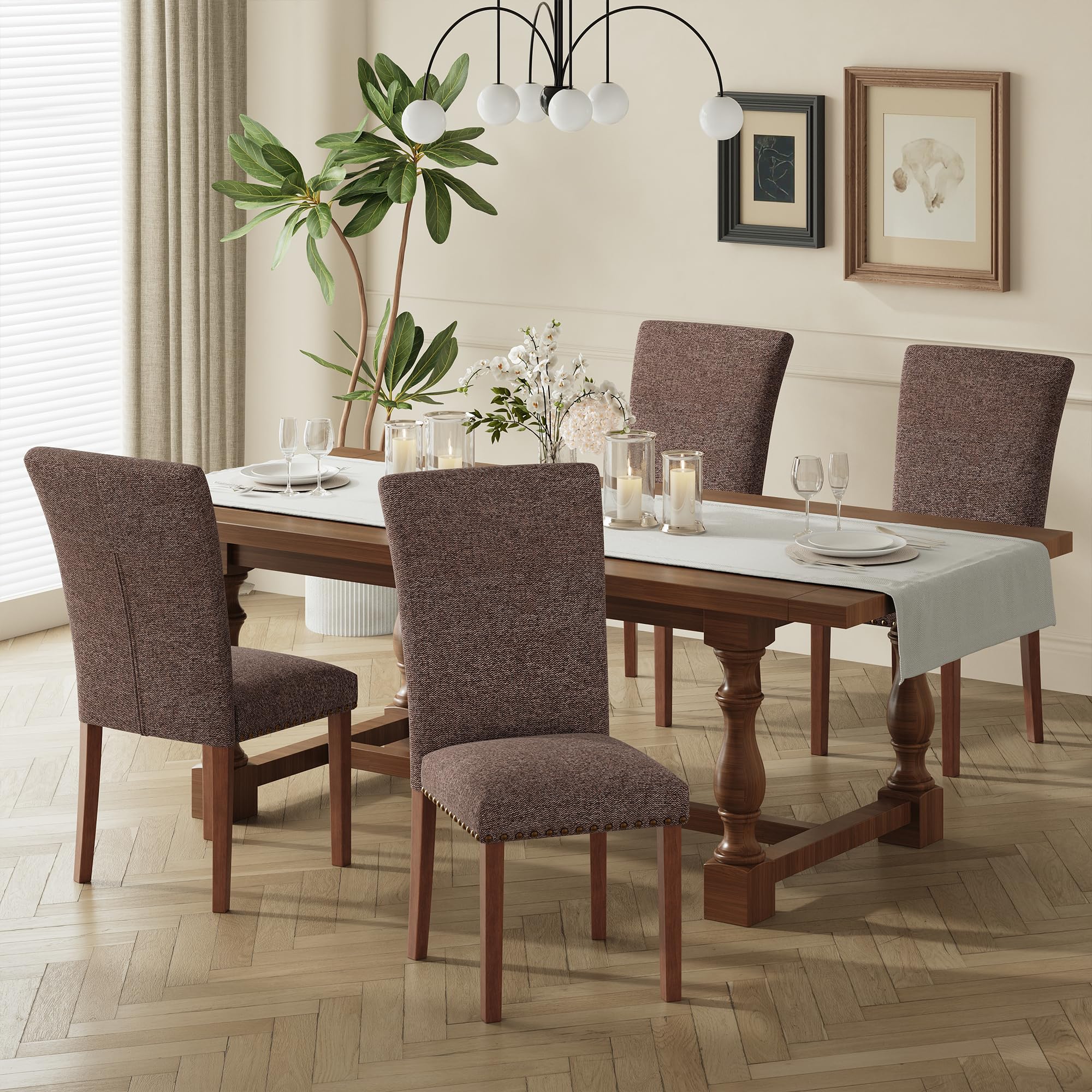 COLAMY Upholstered Fabric Dining Chairs Set of 6, High Back Padded Chairs w/Nailed Trim & Solid Wood Legs, Classic Parsons Chairs Side Chair for Home/Kitchen/Living Room-Beige (A420-BEIGE-6pcs)