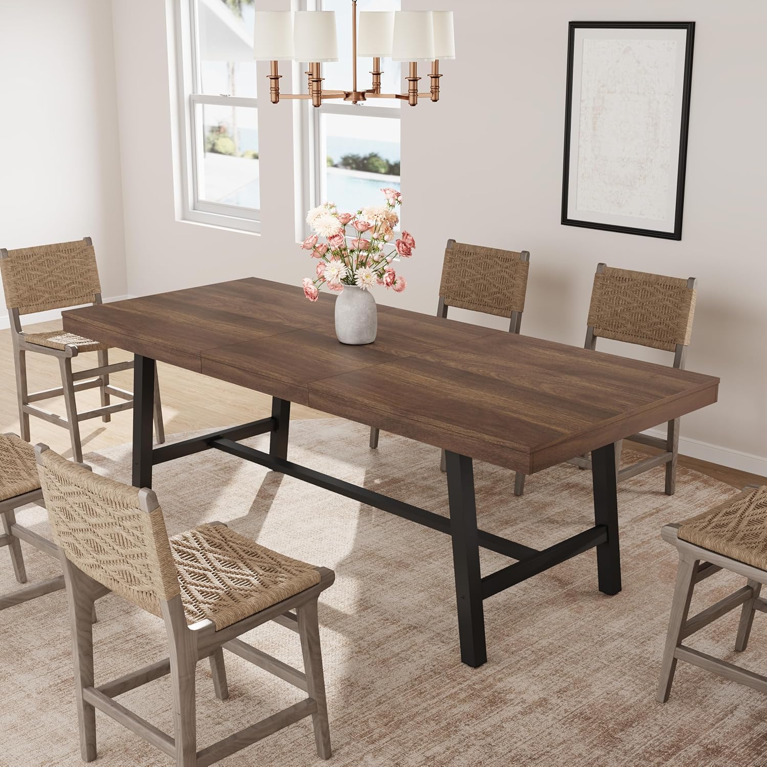 GarveeHome 63-83" Extendable Dining Table, Industrial Rectangular Dining Room Table for 6-8 People, Expandable Kitchen Table with Heavy Duty Metal Frame for Dining Room, Kitchen & Parties, Brown