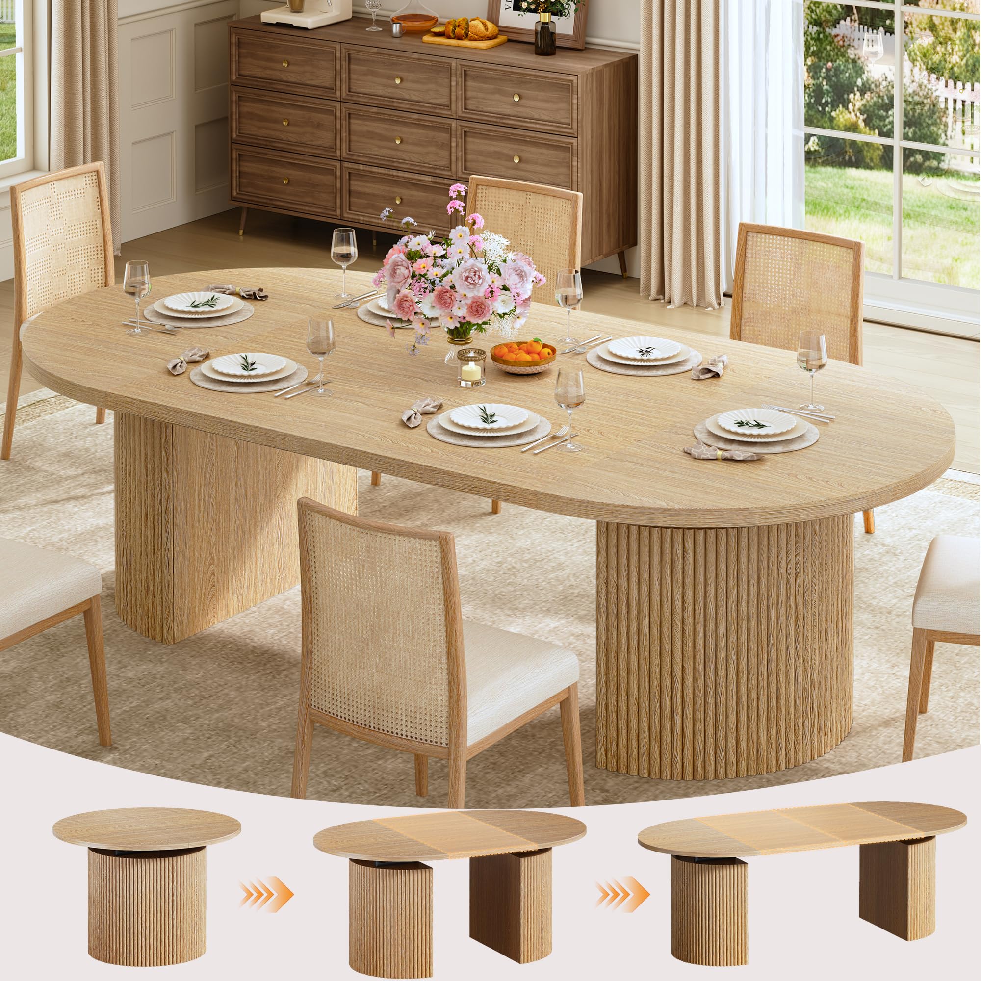 HUAHUU Extendable Round Dining Table for 4-8, 39in-77in Long Large Kitchen Table with Fluted Base, Space Saving Modern Farmhouse Oval Dinner Tables for Dining Room, Kitchen, Living Room, Brown
