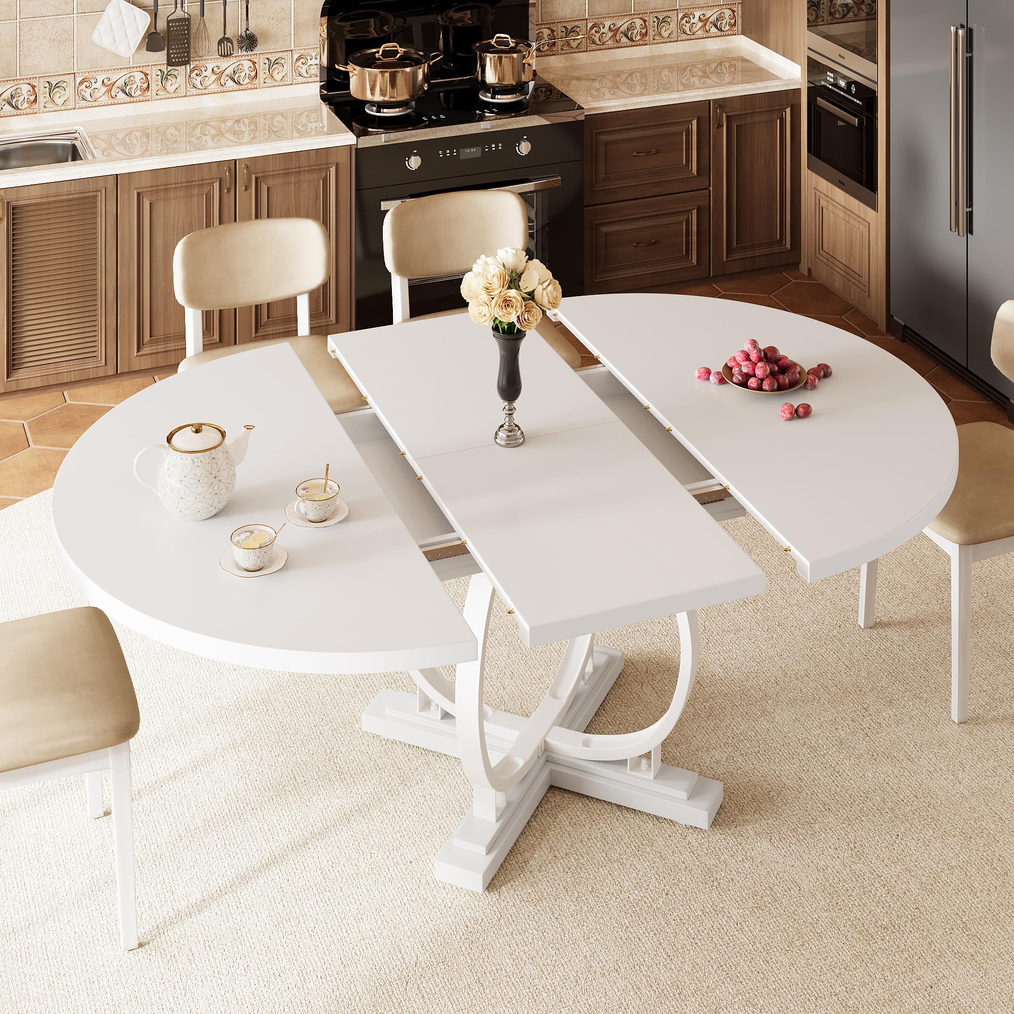 iPormis 59'' Extendable Round Dining Table for 4 to 6, Kitchen Table with Sturdy X-Base Metal Legs, MDF Board with Backboard Clasp, Space Saving, Easy Assembly, Kitchen, Dining Room, Oak