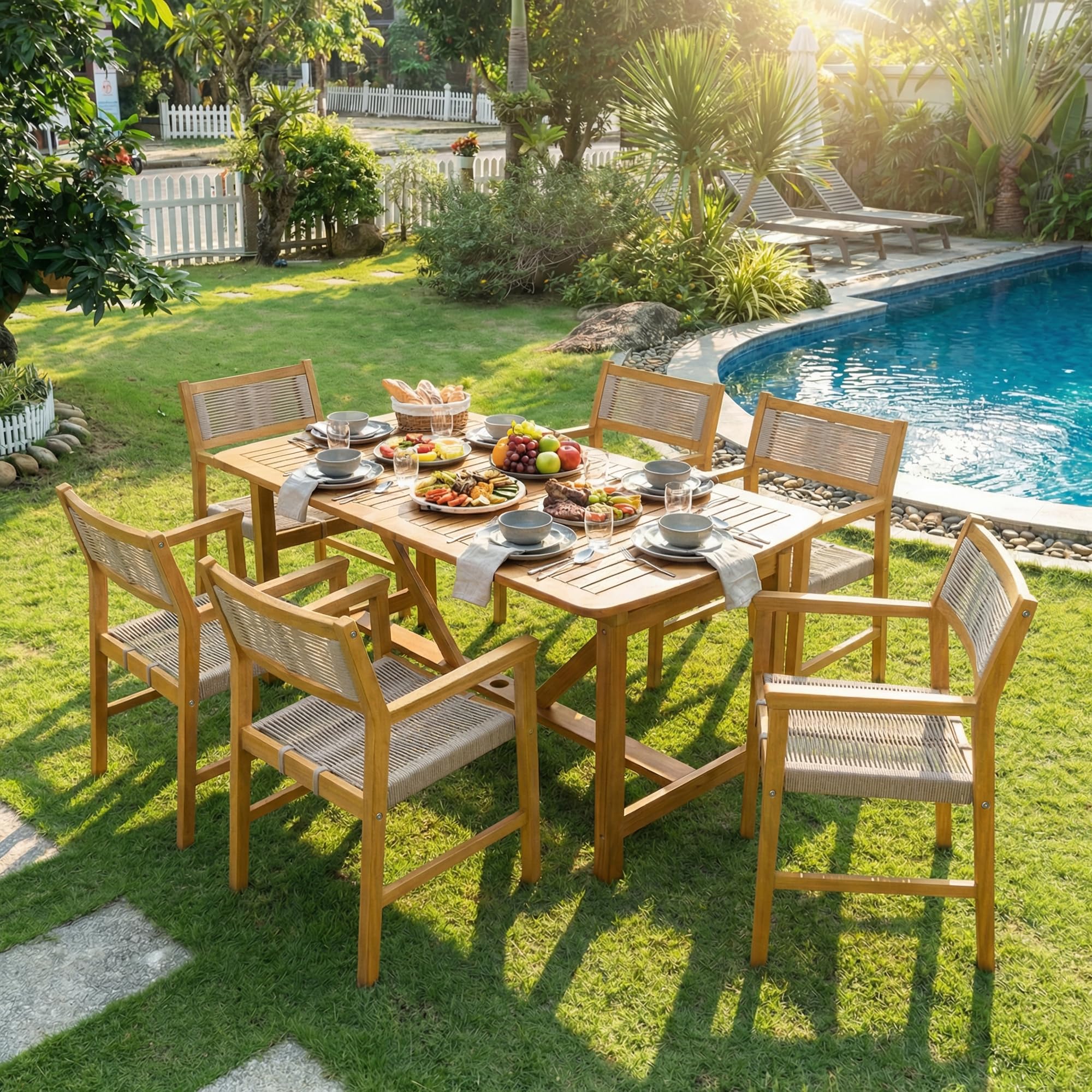 Acacia Extendable Dining Table 63”-95" L for 6-8 Seats, Outdoor Rectangular Table with 2" Umbrella Hole for Garden, Balcony, Poolside & Patio, UV Resistant & Slat Design, Easy Setup - Natural