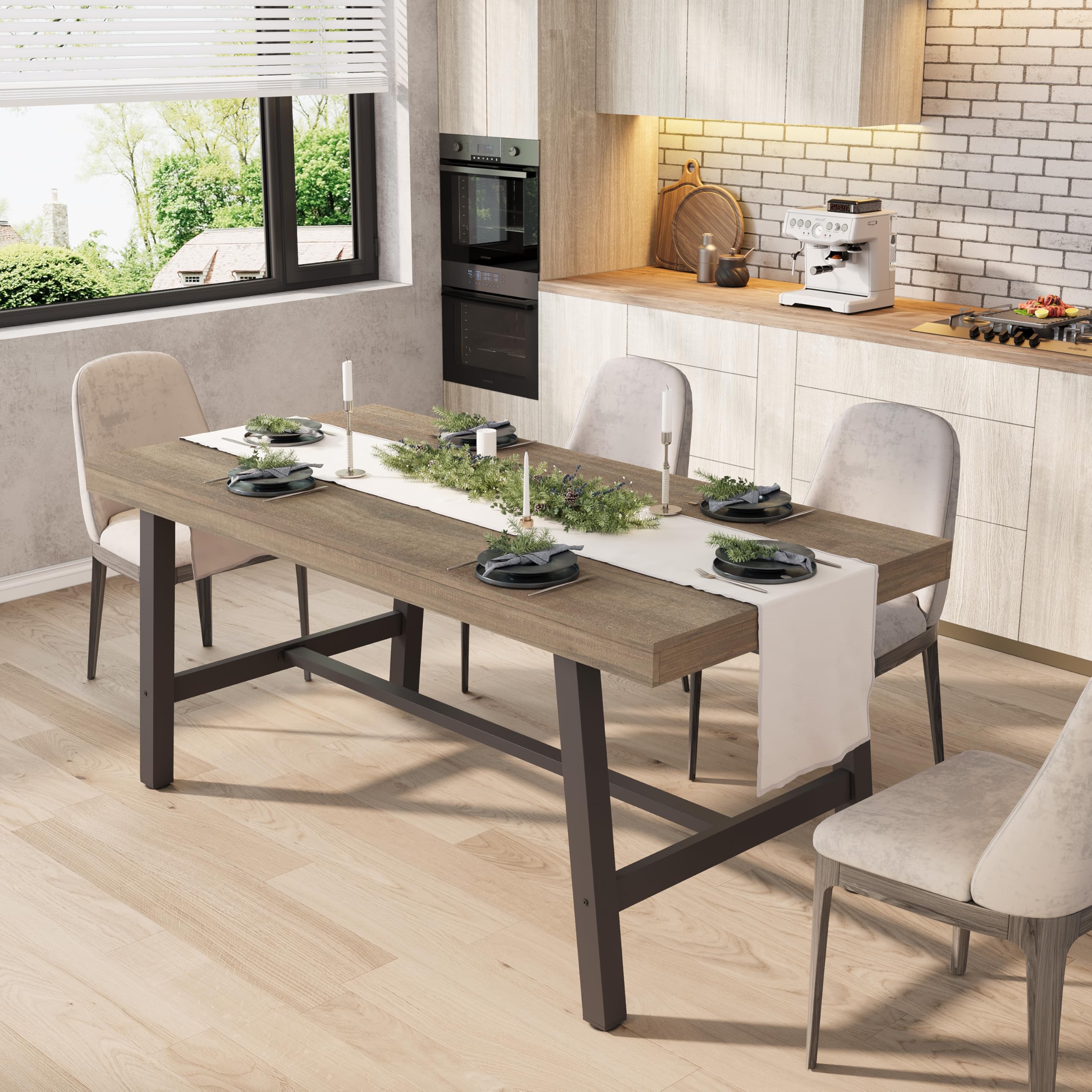 GarveeHome 63-83" Extendable Dining Table, Industrial Rectangular Dining Room Table for 6-8 People, Expandable Kitchen Table with Heavy Duty Metal Frame for Dining Room, Kitchen & Parties, Rustic Pear