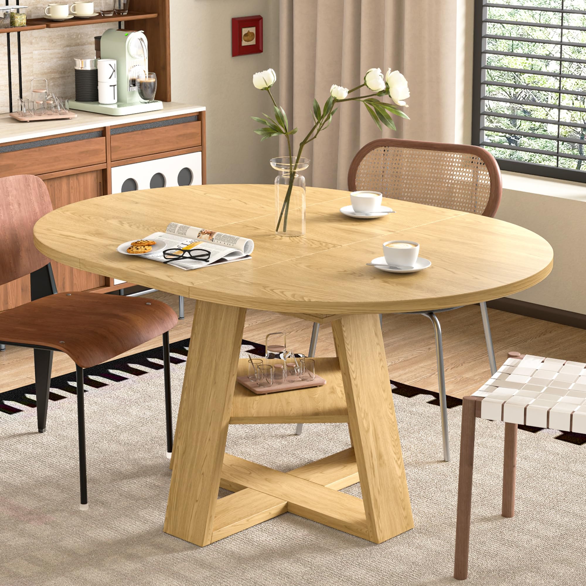 43.3in-59in Extendable Round Dining Table for 4-8,Modern Kitchen Oval Dining Table with Removable Leaves Space Saving,Wood Base with Storage Shelf for Kitchen Living Room (Walnut)