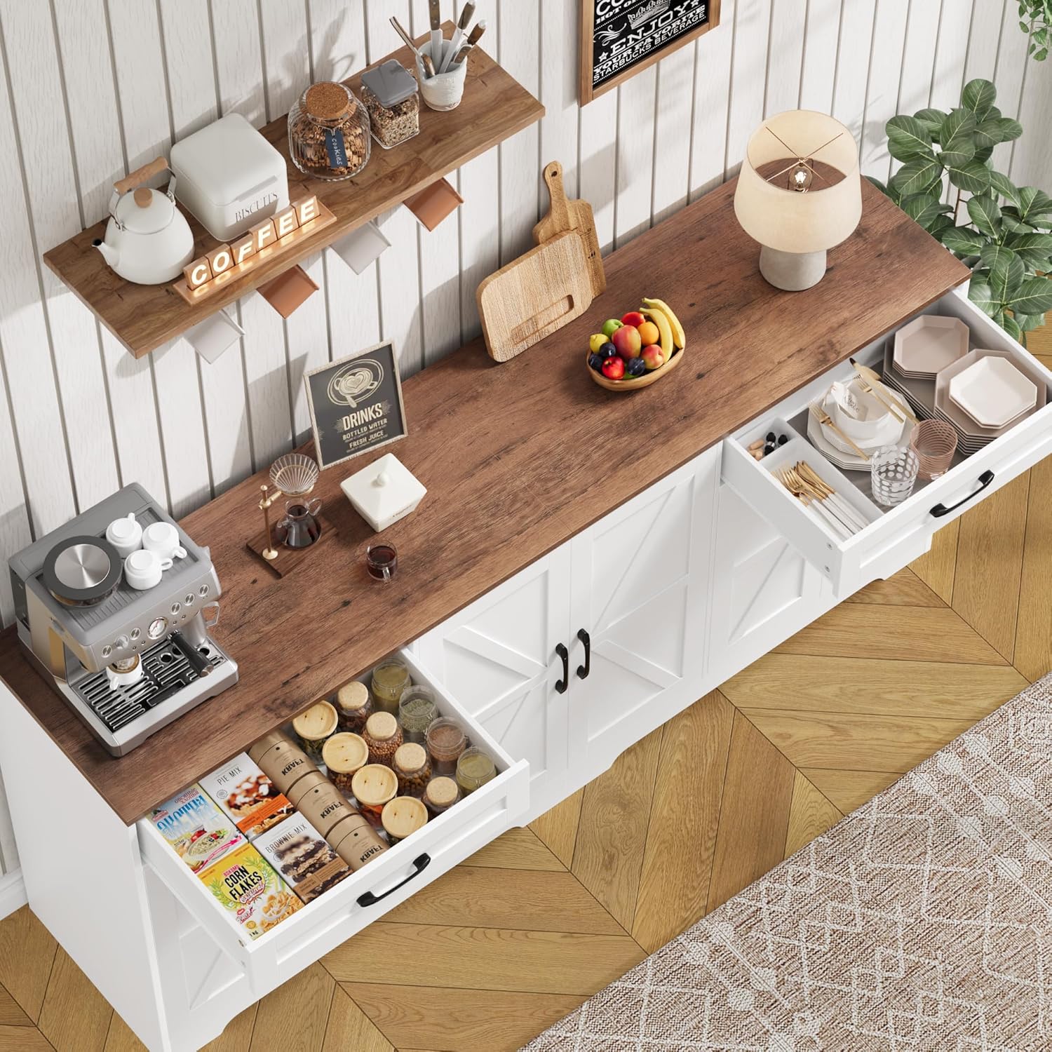 BOTLOG 71” Large Sideboard Buffet Cabinet with Storage, Farmhouse Kitchen Buffet Cabinet with Adjustable Shelves and 6 Barn Doors, Wood Coffee Wine Bar Console Table for Kitchen, Dining Room, White