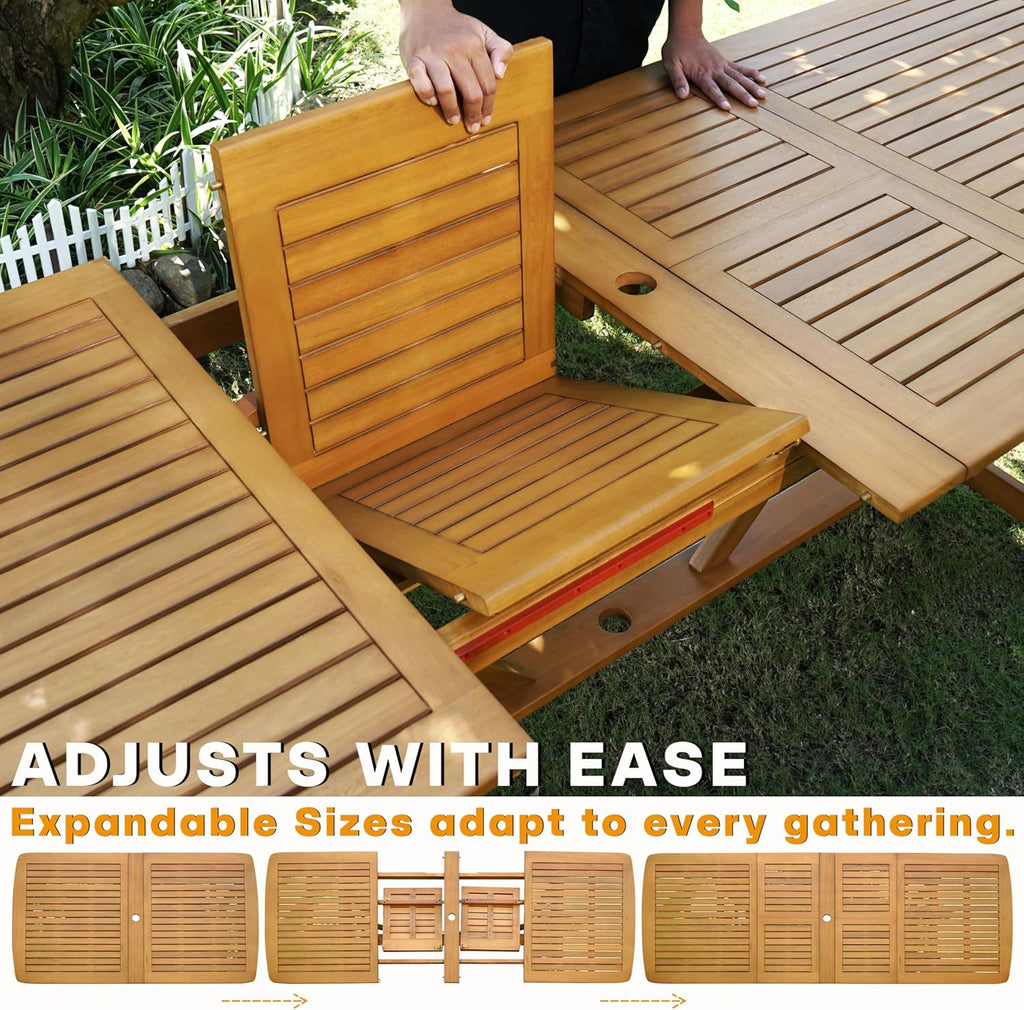 Acacia Extendable Dining Table 63”-95" L for 6-8 Seats, Outdoor Rectangular Table with 2" Umbrella Hole for Garden, Balcony, Poolside & Patio, UV Resistant & Slat Design, Easy Setup - Natural