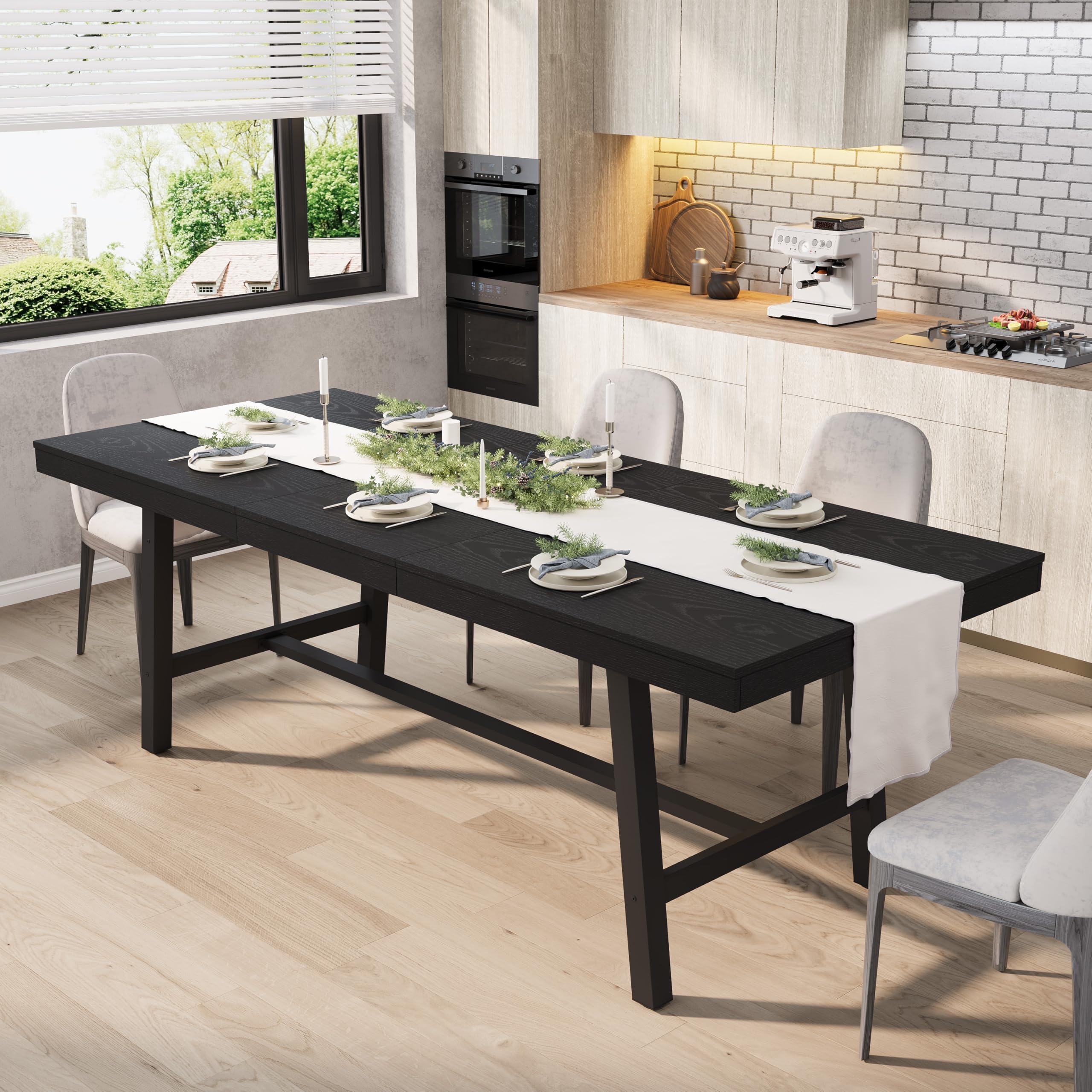 GarveeHome 63-83" Extendable Dining Table, Industrial Rectangular Dining Room Table for 6-8 People, Expandable Kitchen Table with Heavy Duty Metal Frame for Dining Room, Kitchen & Parties, Brown