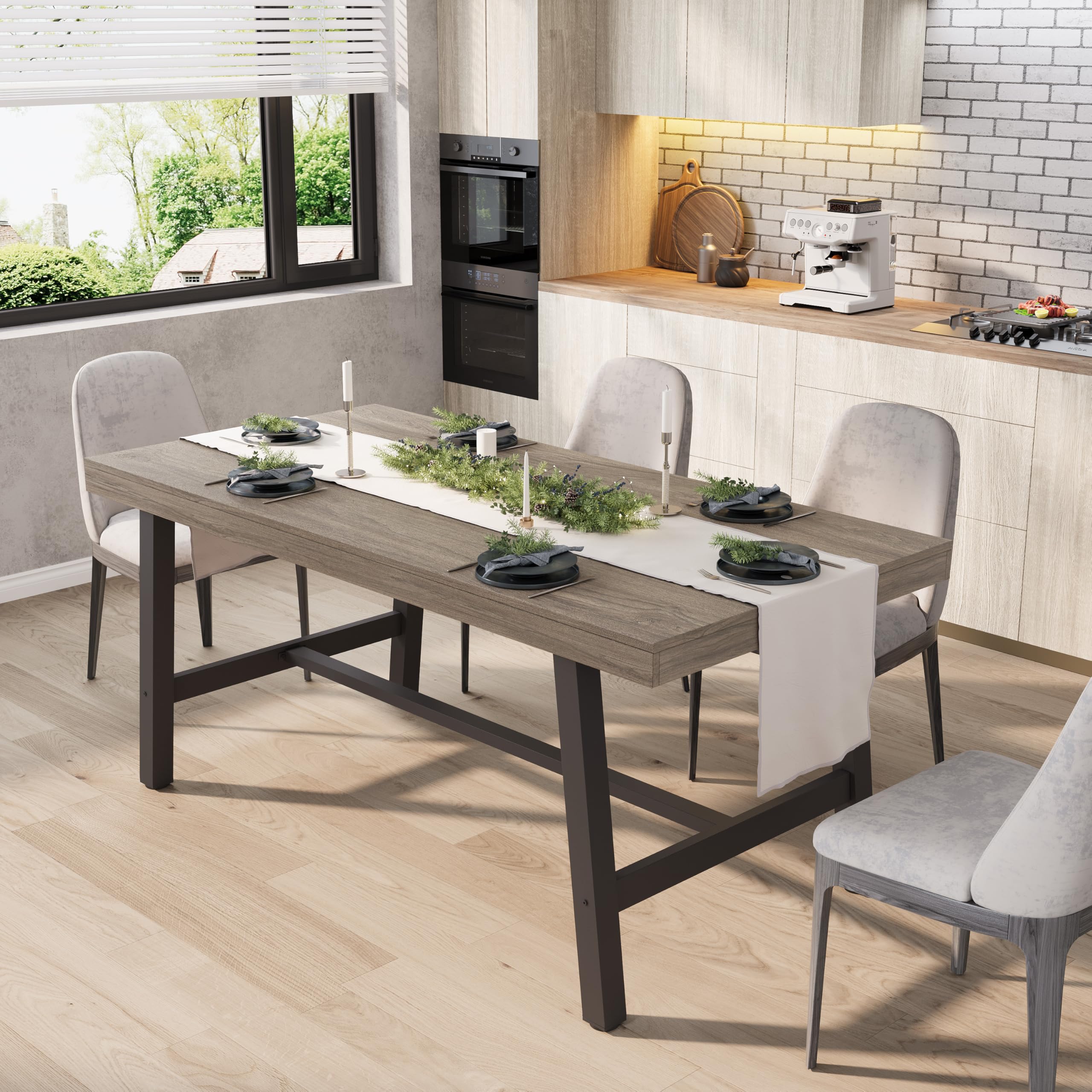 GarveeHome 63-83" Extendable Dining Table, Industrial Rectangular Dining Room Table for 6-8 People, Expandable Kitchen Table with Heavy Duty Metal Frame for Dining Room, Kitchen & Parties, Brown