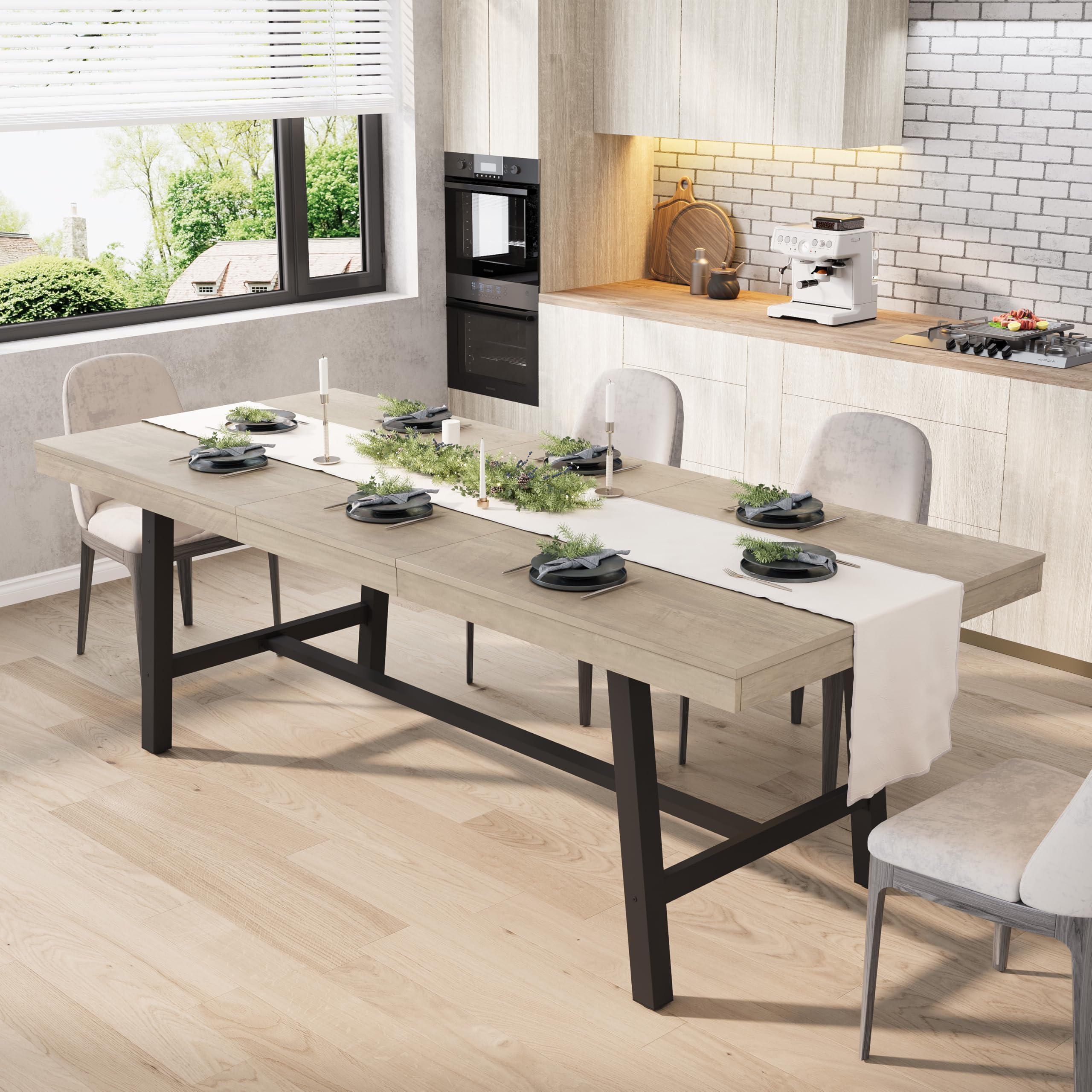 GarveeHome 63-83" Extendable Dining Table, Industrial Rectangular Dining Room Table for 6-8 People, Expandable Kitchen Table with Heavy Duty Metal Frame for Dining Room, Kitchen & Parties, Black