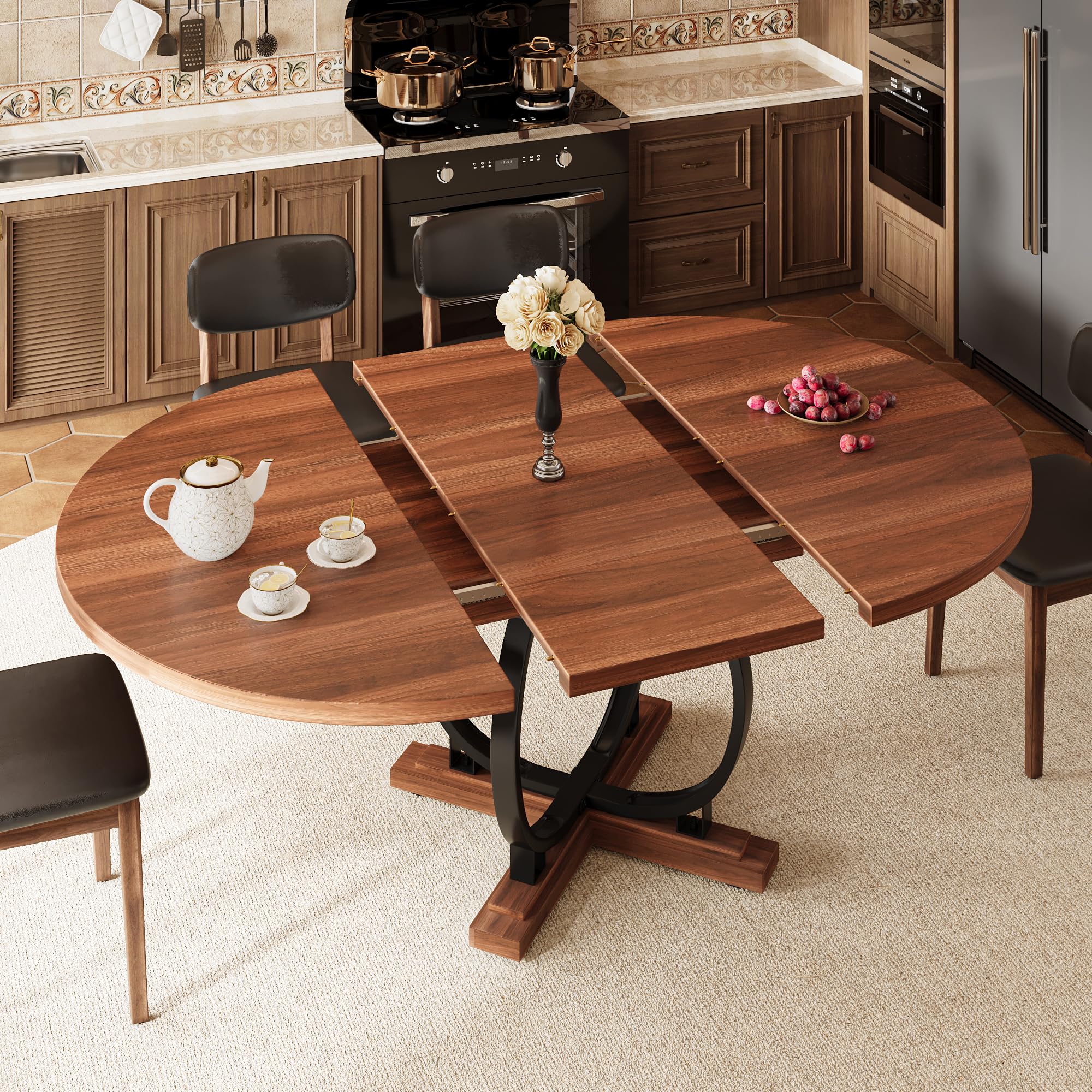 iPormis 59'' Extendable Round Dining Table for 4 to 6, Kitchen Table with Sturdy X-Base Metal Legs, MDF Board with Backboard Clasp, Space Saving, Easy Assembly, Kitchen, Dining Room, Oak