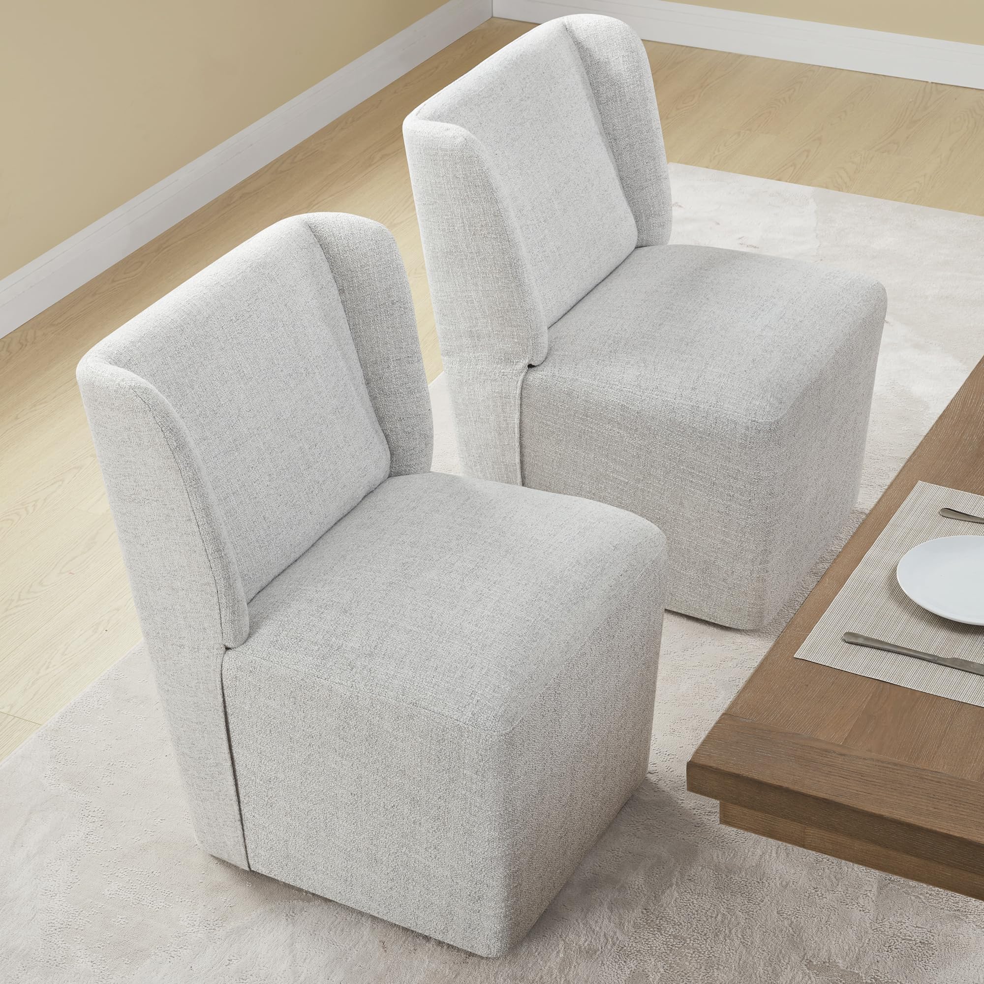 KISLOT Upholstered Dining Chairs Set of 4 with Casters, Wingback Modern Side Armless Deskchair with Rollers for Diningroom Bedroom Livingroom Reading Room, Cream Beige Fabric