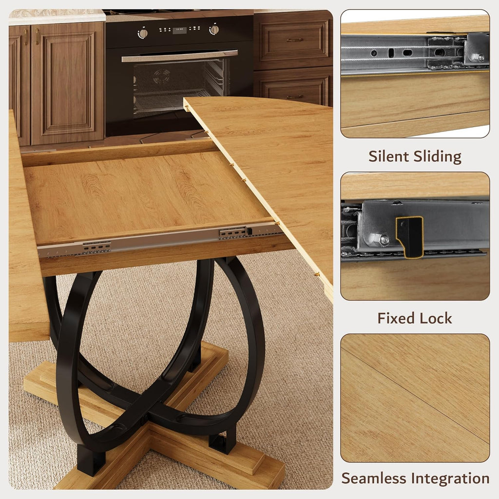 iPormis 59'' Extendable Round Dining Table for 4 to 6, Kitchen Table with Sturdy X-Base Metal Legs, MDF Board with Backboard Clasp, Space Saving, Easy Assembly, Kitchen, Dining Room, Oak