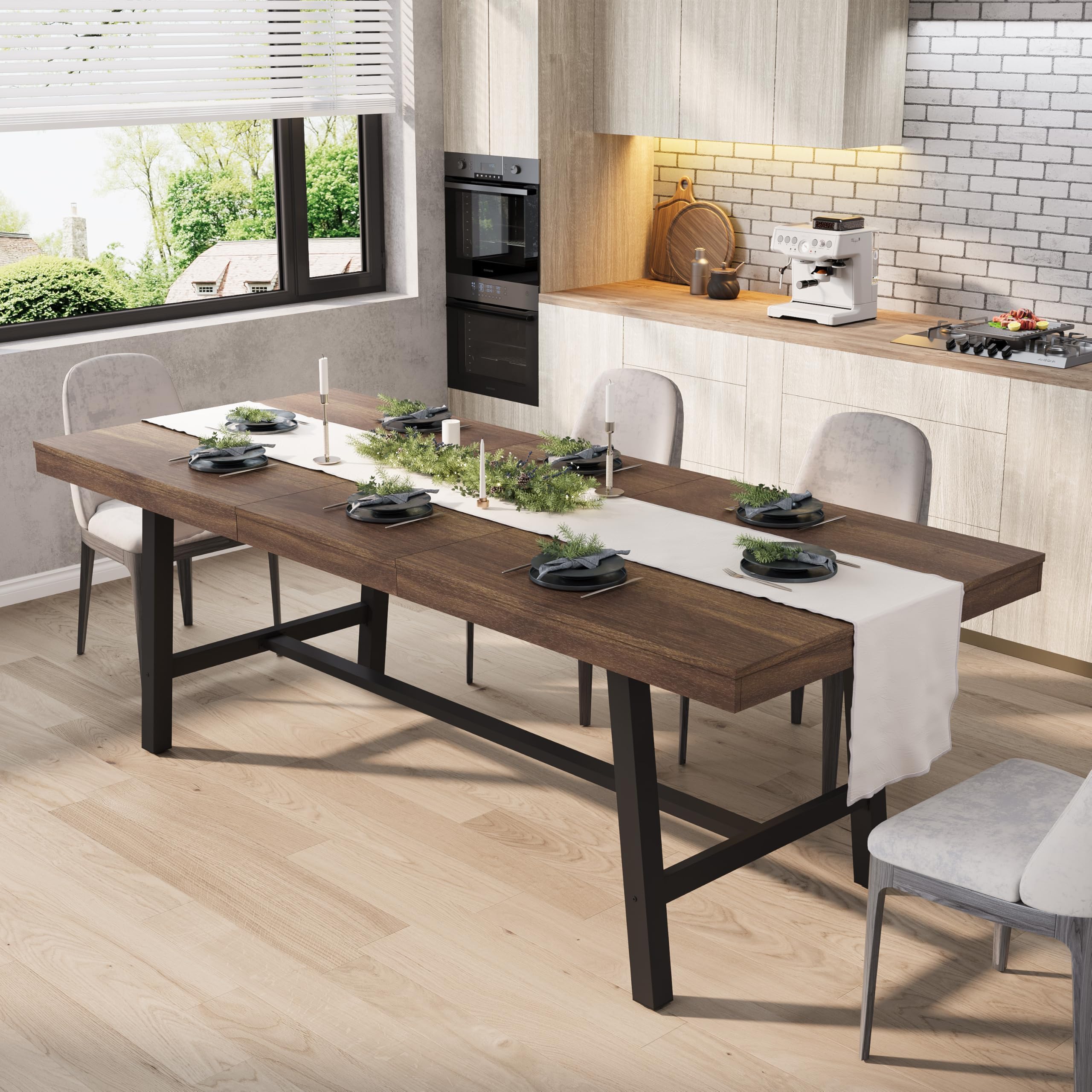 GarveeHome 63-83" Extendable Dining Table, Industrial Rectangular Dining Room Table for 6-8 People, Expandable Kitchen Table with Heavy Duty Metal Frame for Dining Room, Kitchen & Parties, Black