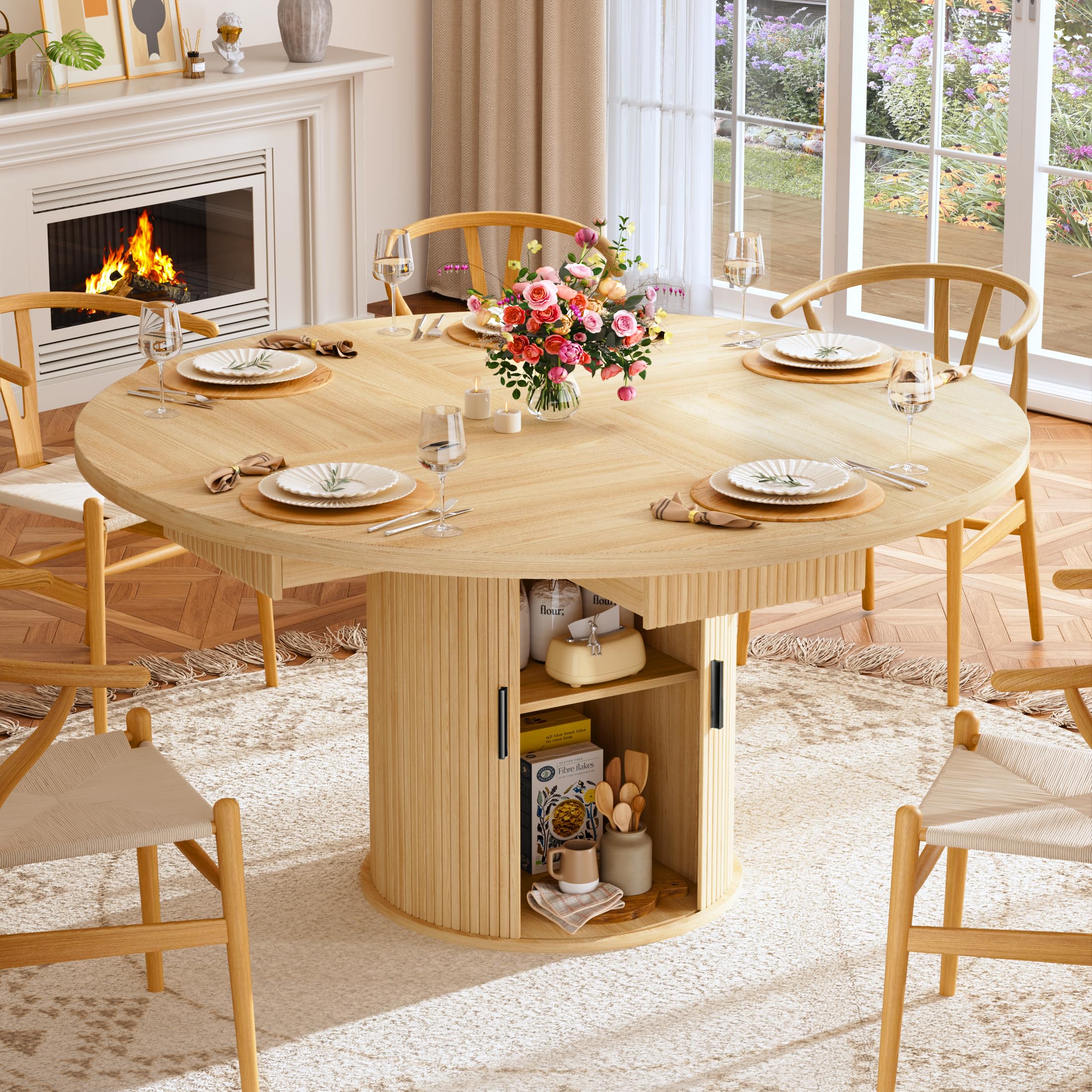 HUAHUU Extendable Round Dining Table for 4-8, 39in-77in Long Large Kitchen Table with Fluted Base, Space Saving Modern Farmhouse Oval Dinner Tables for Dining Room, Kitchen, Living Room, Brown