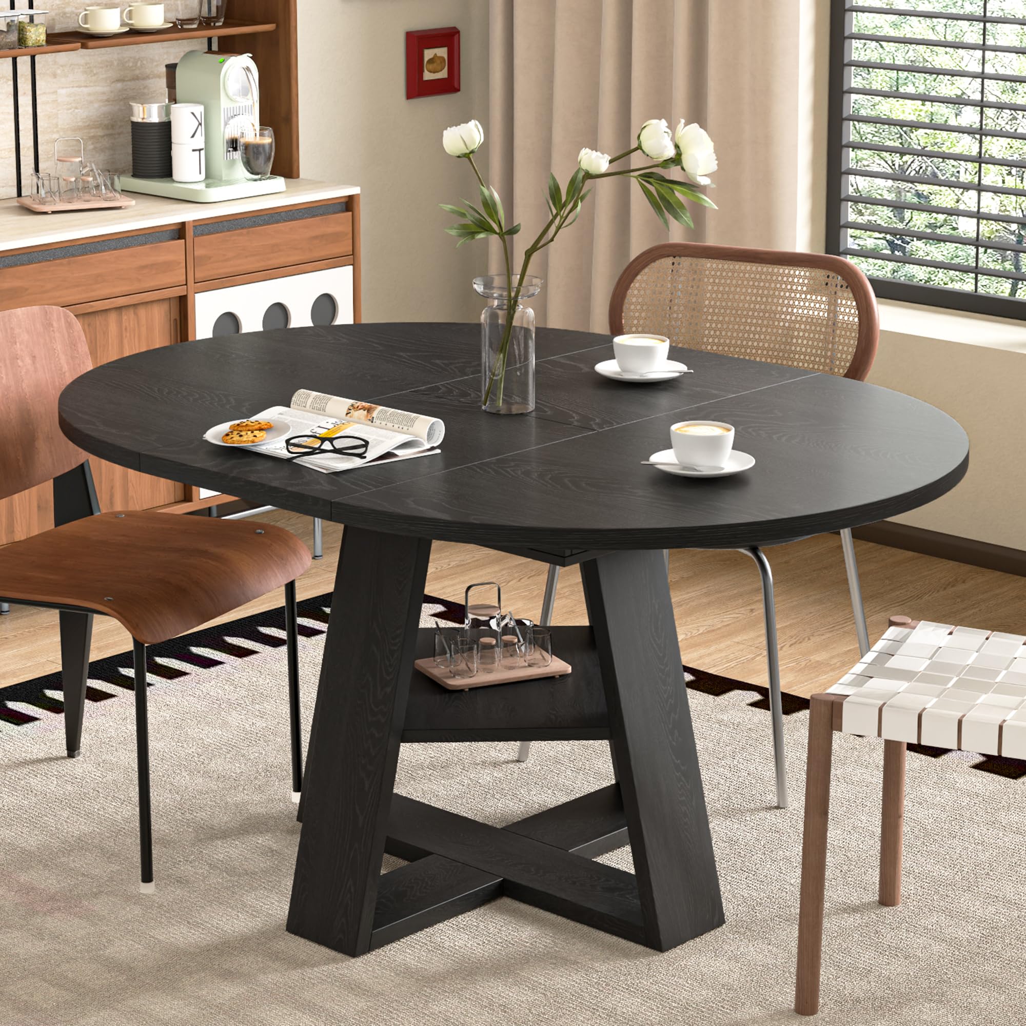 43.3in-59in Extendable Round Dining Table for 4-8,Modern Kitchen Oval Dining Table with Removable Leaves Space Saving,Wood Base with Storage Shelf for Kitchen Living Room (Walnut)