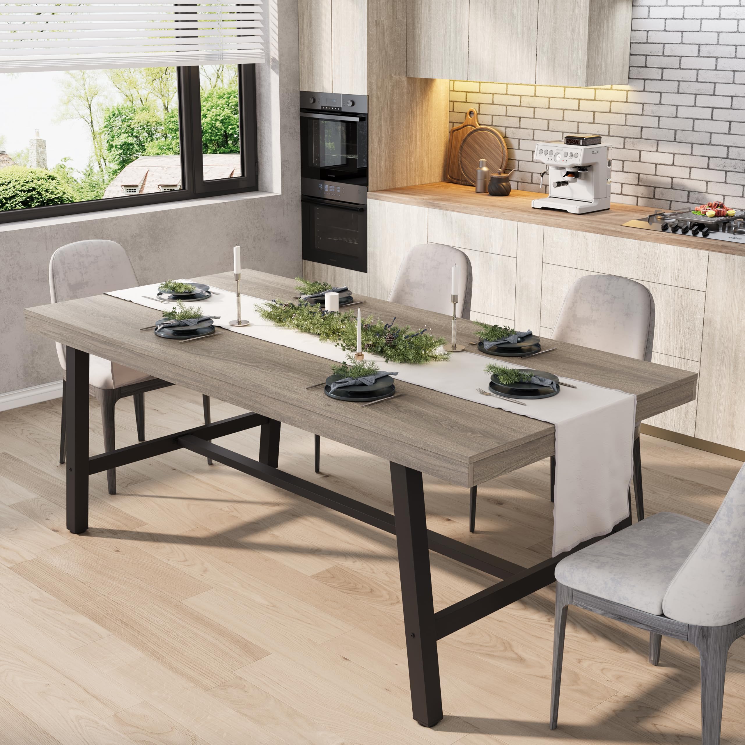 GarveeHome 63-83" Extendable Dining Table, Industrial Rectangular Dining Room Table for 6-8 People, Expandable Kitchen Table with Heavy Duty Metal Frame for Dining Room, Kitchen & Parties, Brown